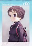  backpack bag brown_hair earrings highres jewelry murata_renji purple_eyes short_hair solo sweater turtleneck upper_body 