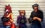  canine collar dog ear_piercing english_text female fox green_eyes lineup male mammal miss_blacksheep mugshot piercing rottweiler tail text 