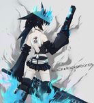  ayo_(isy8800) bad_id bad_pixiv_id black_hair black_rock_shooter black_rock_shooter_(character) black_rock_shooter_beast blue_eyes boots burning_eye crown detached_sleeves from_behind glowing gun long_hair looking_back skirt solo sword tattoo thigh_boots thighhighs twintails weapon 