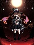  blonde_hair boots broom brown_eyes dark_persona dress full_moon hair_over_one_eye hat kirisame_marisa long_sleeves moon namatarou shaded_face short_hair skull solo touhou witch_hat 