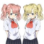  arms_behind_back bangs blonde_hair blue_eyes blush eyebrows_visible_through_hair multiple_girls original pepo_(pepopepo) pink_hair pleated_skirt school_uniform short_sleeves short_twintails siblings simple_background sisters skirt twins twintails 