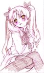  black_legwear black_ribbon blush color_trace colored_pencil_(medium) fate/zero fate_(series) hair_ribbon long_hair nishida_asako ribbon sitting sketch solo thighhighs toosaka_rin traditional_media twintails 