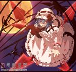  bat bat_wings blue_hair chain dress flower full_moon fuurin_(omaemona) hat hat_flower hat_ribbon moon open_mouth pink_dress red_eyes remilia_scarlet ribbon short_hair solo touhou wings 