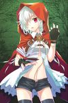  b-na black_legwear book cloak fingerless_gloves gloves hair_over_one_eye hood hooded_cloak mintchoco_(orange_shabette) navel open_book red_eyes short_hair solo sword_girls thighhighs white_hair 