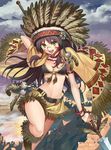  bikini_top black_hair bracelet dragon_maker facepaint feathers fringe_trim green_eyes hair_tubes headdress jewelry long_hair matsui_hiroaki moccasins native_american native_american_headdress navel open_mouth polearm skirt sky solo spear warbonnet weapon western 