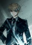  arthur_pendragon_(fate) blonde_hair fate/prototype fate/zero fate_(series) formal gloves green_eyes invisible_air male_focus necktie skyfly17 solo suit 