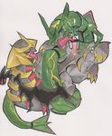  blush censored cum cum_on_face cumshot erection fellatio giratina legendary_pok&#233;mon lying male nintendo on_back oral oral_sex orgasm penis pok&#233;mon pok&eacute;mon rayquaza sex tongue tongue_out unknown_artist video_games 