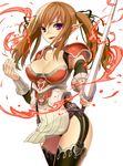 armor breasts brown_hair cleavage detached_sleeves dragon_maker garter_straps hair_ribbon magic matsui_hiroaki medium_breasts no_pants pauldrons pointy_ears purple_eyes ribbon solo sword thighhighs twintails weapon 