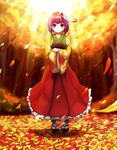  agent_(ikuoikuo) autumn_leaves book book_hug floral_print flower forest hair_flower hair_ornament hieda_no_akyuu highres holding holding_book japanese_clothes kimono nature petals purple_eyes purple_hair short_hair smile solo sunlight touhou 