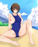  0byte 1girl areola_slip areolae arm_support baka_to_test_to_shoukanjuu beach blush breast_slip breasts brown_eyes brown_hair erect_nipples huge_breasts large_breasts navel nipples one_breast_out outdoors outside pussy school_swimsuit short_hair sitting skin_tight smile solo spread_legs swimsuit vagina water yoshii_akira zero_byte 