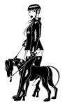  black_and_white boots butt canine collar dog erection female human leash male mammal michael_manning monochrome penis plain_background whip white_background 