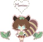  animal_ears bottle brown_hair character_name chibi futatsuiwa_mamizou glasses leaf leaf_on_head notebook raccoon_ears raccoon_tail sake_bottle short_hair solo tail takanashi_hiyori touhou 