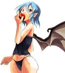  apple bat_wings black_panties blue_hair camisole eating food fruit holding holding_food holding_fruit panties pointy_ears red_eyes remilia_scarlet short_hair solo sorano_eika touhou undershirt underwear underwear_only wings 