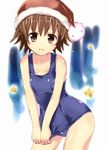  brown_eyes brown_hair hat highres naka one-piece_swimsuit santa_hat sawatari_fuu school_swimsuit shiny shiny_clothes short_hair solo swimsuit swimsuit_pull tamayura 