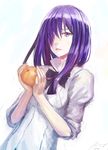  arsenixc bow bowtie food fruit hair_over_one_eye hands highres holding holding_food holding_fruit ikezawa_hanako katawa_shoujo long_hair orange popped_collar puffy_sleeves purple_eyes purple_hair scar shirt sketch sleeves_rolled_up solo 