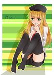  bad_id bad_pixiv_id black_legwear blonde_hair blush green_eyes hat highres hoshii_miki idolmaster idolmaster_(classic) long_hair necktie no_panties partially_visible_vulva shorts sitting sleeves_rolled_up smile sofy solo striped striped_background thighhighs 