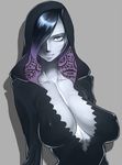 bad_id bad_pixiv_id black_hair blue_eyes breasts breasts_apart gradient_hair hair_over_one_eye hood huge_breasts madame_shirley multicolored_hair one_piece purple_hair sagging_breasts short_hair simple_background slit_pupils smile solo space_jin two-tone_hair 