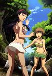  absurdres amagi_yukiko ass bikini bikini_skirt bikini_top black_hair brown_hair closed_eyes highres multiple_girls navel nyantype official_art one_eye_closed outstretched_hand persona persona_4 persona_4_the_animation sakai_moe satonaka_chie scan short_shorts shorts strap_gap swimsuit tankini water 