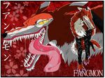  canine digimon fangmon fur japanese_text long_tongue mammal red red_fur red_theme saliva simppukka slit_pupils tail teeth text tongue tongue_out wallpaper warm_colors yellow_eyes 