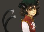  animal_ears bad_deviantart_id bad_id brown_hair cat_ears chen chinese_clothes earrings extra_ears hat jewelry multiple_tails sheryth short_sleeves simple_background solo tail touhou wavy_hair yellow_eyes 