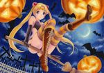  acrylic_paint_(medium) bad_id bad_pixiv_id banned_artist bat bishoujo_senshi_sailor_moon black_gloves blonde_hair blue_eyes boots broom broom_riding colored_pencil_(medium) crescent_moon cross cross-laced_footwear double_bun elbow_gloves from_below gloves halloween jack-o'-lantern leotard long_hair moon night pumpkin sarah_sauge sidesaddle signature solo striped striped_legwear thighhighs tiara traditional_media tsukino_usagi twintails 