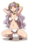  arms_behind_head arms_up bell clearite cow_bell horns idolmaster idolmaster_(classic) long_hair navel red_eyes sheep_horns shijou_takane silver_hair simple_background solo squatting 
