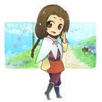  arm_up boots braid brown_eyes brown_hair capelet copyright_name earrings english jewelry long_hair looking_back maora_oto orielle pants path pointy_ears road sign skirt smile solo the_legend_of_zelda the_legend_of_zelda:_skyward_sword waving 