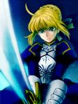  ahoge armor armored_dress artoria_pendragon_(all) bad_id bad_pixiv_id blonde_hair dress excalibur fate/stay_night fate_(series) gauntlets green_eyes hair_ribbon matatabi_nia puffy_sleeves ribbon saber solo sword weapon 