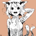  animal_ears cat_ears cat_tail chen earrings face hand_behind_head hat highres jewelry monochrome multiple_tails short_hair siroiyuki sketch solo tail touhou upper_body 