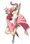  aerith_gainsborough arms_up bare_legs blush bow bracelet brown_hair cropped_jacket curly_hair dress final_fantasy final_fantasy_vii full_body green_eyes hair_ribbon jewelry jumping long_dress long_hair pink_bow pink_dress ponytail ribbon shoes solo staff torimeiro white_background 
