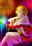  alternate_hairstyle areola_slip areolae bare_shoulders blonde_hair blush breasts breasts_outside crossed_legs cup fireworks floral_print hand_in_hair horn hoshiguma_yuugi japanese_clothes kimono large_breasts legs long_hair nipple_slip nipples no_bra off_shoulder open_clothes red_eyes reri sakazuki sash sitting smile solo thighs touhou yukata 