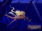  90s barefoot blonde_hair breasts chain copyright_name diving freediving full_body gloves hammer logo long_hair official_art small_breasts solo swimming thousand_arms underwater wallpaper wyna_grapple 