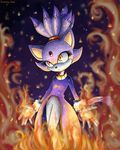  cat eyelashes feline female fire gloves kureejiilea mammal orange_eyes ponytail purple purple_body purple_clothing sega solo sonic_(series) 