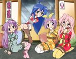  4girls ball_gag bdsm blush bondage chair gag glasses hiiragi_kagami hiiragi_tsukasa izumi_konata lucky_star raincoat ribbon rope socks takara_miyuki 