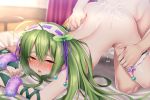  1girl ahoge ass bed blush breasts brown_eyes chair cum cum_in_pussy curtains doggystyle female_orgasm flower_knight_girl game_cg green_hair hairband hattori_masaki hetero kneeling leg_grab long_hair mint_(flower_knight_girl) nude official_art orgasm overflow raised_eyebrows saliva sex small_breasts sweat tears thick_eyebrows thighlet top-down_bottom-up torogao vaginal wrist_cuffs 