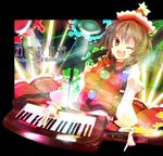  benio_(dontsugel) brown_eyes brown_hair hat highres instrument keyboard_(instrument) lyrica_prismriver microphone microphone_stand one_eye_closed open_mouth shirt short_hair skirt skirt_set smile solo touhou 