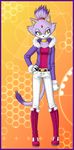  belt blaze_the_cat boots breasts cat collar feline female gloves hand_on_hip jacket jeans mammal orange_background plain_background ponytail saruke sega solo sonic_(series) tail 