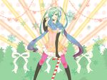  :q ahoge arishiki boots candy candy_cane cross-laced_footwear elbow_gloves fingerless_gloves food gloves green_eyes green_hair hatsune_miku headphones highres knee_boots lace-up_boots long_hair pantyhose scarf skirt smile snowflakes solo tongue tongue_out twintails vocaloid 