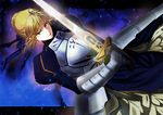 ahoge armor armored_dress artoria_pendragon_(all) bad_id bad_pixiv_id blonde_hair bow dress dutch_angle excalibur fate/stay_night fate_(series) gauntlets glowing glowing_sword glowing_weapon hair_bow kanameyura saber solo sword weapon 
