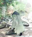  akise_aru bicycle cat child ground_vehicle hood hoodie jacket lirura male_focus md5_mismatch mirai_nikki one_knee red_eyes solo white_hair 