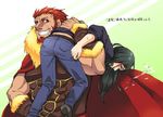  armor beard black_hair border00 cape carrying carrying_over_shoulder cigar denim facial_hair fate/stay_night fate/zero fate_(series) jeans long_hair lord_el-melloi_ii male_focus multiple_boys older pants red_eyes red_hair rider_(fate/zero) waver_velvet 