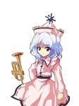  alphes_(style) bad_id bad_pixiv_id blue_eyes blue_hair hat instrument kaoru_(gensou_yuugen-an) merlin_prismriver parody rararatolololo short_hair smile solo style_parody touhou transparent_background trumpet 