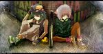  baseball_bat baseball_cap bonnet goggles goggles_around_neck goggles_on_head green_eyes green_hair gumi hat highres itou multiple_girls orange_legwear panda_hero_(vocaloid) pantyhose pink_hair shoes short_hair vocaloid 