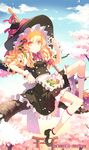 blonde_hair blue_sky bow braid broom cherry_blossoms cloud day flower h2so4 hair_bow hair_flower hair_ornament hat kirisame_marisa kneehighs long_hair mary_janes shoes sitting skirt sky smile solo torii touhou tree vest white_legwear witch_hat wrist_cuffs yellow_eyes 