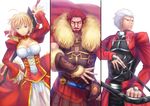  2boys aestus_estus ahoge archer armor bad_id bad_pixiv_id beard blonde_hair bow_(weapon) breasts cape cleavage color_connection dark_skin dress epaulettes facial_hair fate/extra fate/stay_night fate/zero fate_(series) green_eyes hair_ribbon highres large_breasts multiple_boys nero_claudius_(fate) nero_claudius_(fate)_(all) panties red red_eyes red_hair ribbon rider_(fate/zero) see-through short_hair sword tsukikanade underwear weapon white_hair 