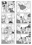  0_0 1boy 1girl 4koma =_= ? ^_^ absurdres ahoge blush_stickers braid choker chopsticks closed_eyes comic drooling eating fairy futa_(nabezoko) glasses greyscale hair_ornament hat hat_removed headwear_removed highres kirisame_marisa monochrome morichika_rinnosuke multiple_4koma o_o original saliva side_braid touhou translated twintails 