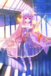  book bookshelf bow bug butterfly crescent hair_bow hat highres insect long_hair magic open_mouth patchouli_knowledge purple_hair room sitting smile solo stairs touhou very_long_hair wand window yellow_eyes zrero 