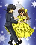  bell black_hair blue_eyes blush brown_hair christmas_tree dancing dress formal kuonji_ukyo kuonji_ukyou lipstick makeup ranma_1/2 ribbon saotome_ranma snow snowflake snowflakes suit wantan-orz 