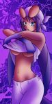  blue_eyes breasts clothing cool_colors eyewear female hair hi_res human humanized long_hair long_purple_hair mammal midriff navel pants purple_hair purple_theme rabidraccon rabidraccoon sega solo sonic_(series) sonic_riders sunglasses tattoo under_boob undressing wave_the_swallow 