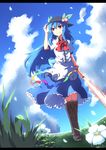  blue_hair boots cloud cross-laced_footwear day dress flower food fruit grass hand_on_headwear hat hinanawi_tenshi knee_boots kuro_goma_(kakkou11) lace-up_boots letterboxed long_hair md5_mismatch peach petals red_eyes scenery sky smile solo sword_of_hisou touhou wind 